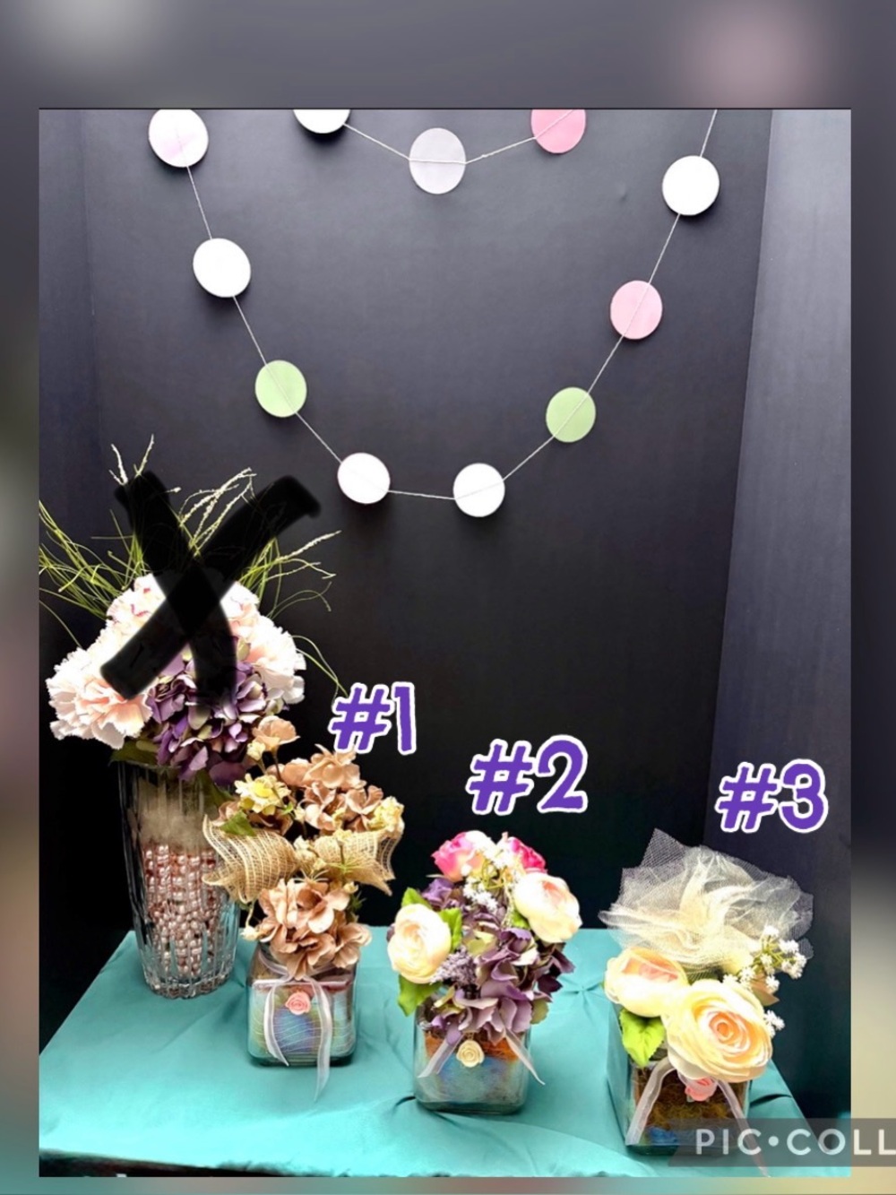 $4 ea or $10 for all 3. Made by me. Pink, Purple & Cream Floral Centerpiec
